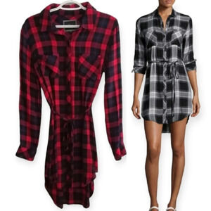Rails Nadine Red Navy Plaid Shirt Dress Button  Flannel with Waist Tie Medium